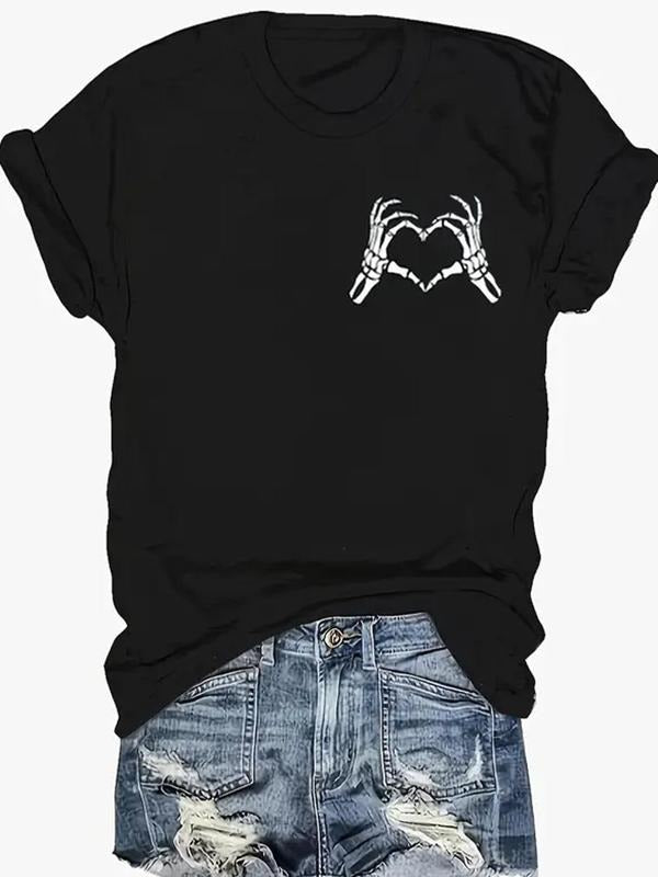 Women's Skeleton Hand Print Round Neck Tee, Casual Short Sleeve Crew Neck T-Shirt for Summer, Fashion Women's Top for...