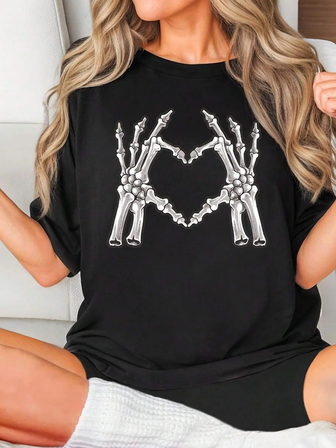 Women's Skeleton Hand Print Round Neck Tee, Fashion Casual Drop Shoulder Half Sleeve T-shirt for Daily Wear, Ladies...