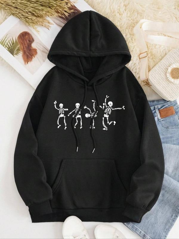 Women's Skeleton Print Drop Shoulder Drawstring Hoodie, Fashion Casual Kangaroo Pocket Hooded Sweatshirt for Daily...