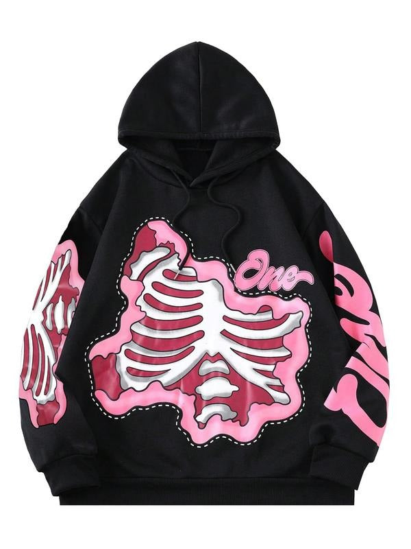 Women's Skeleton Print Drop Shoulder Hoodie, Fashion Casual Drawstring Hooded Sweatshirt for Daily Holiday Outdoor Wear,...