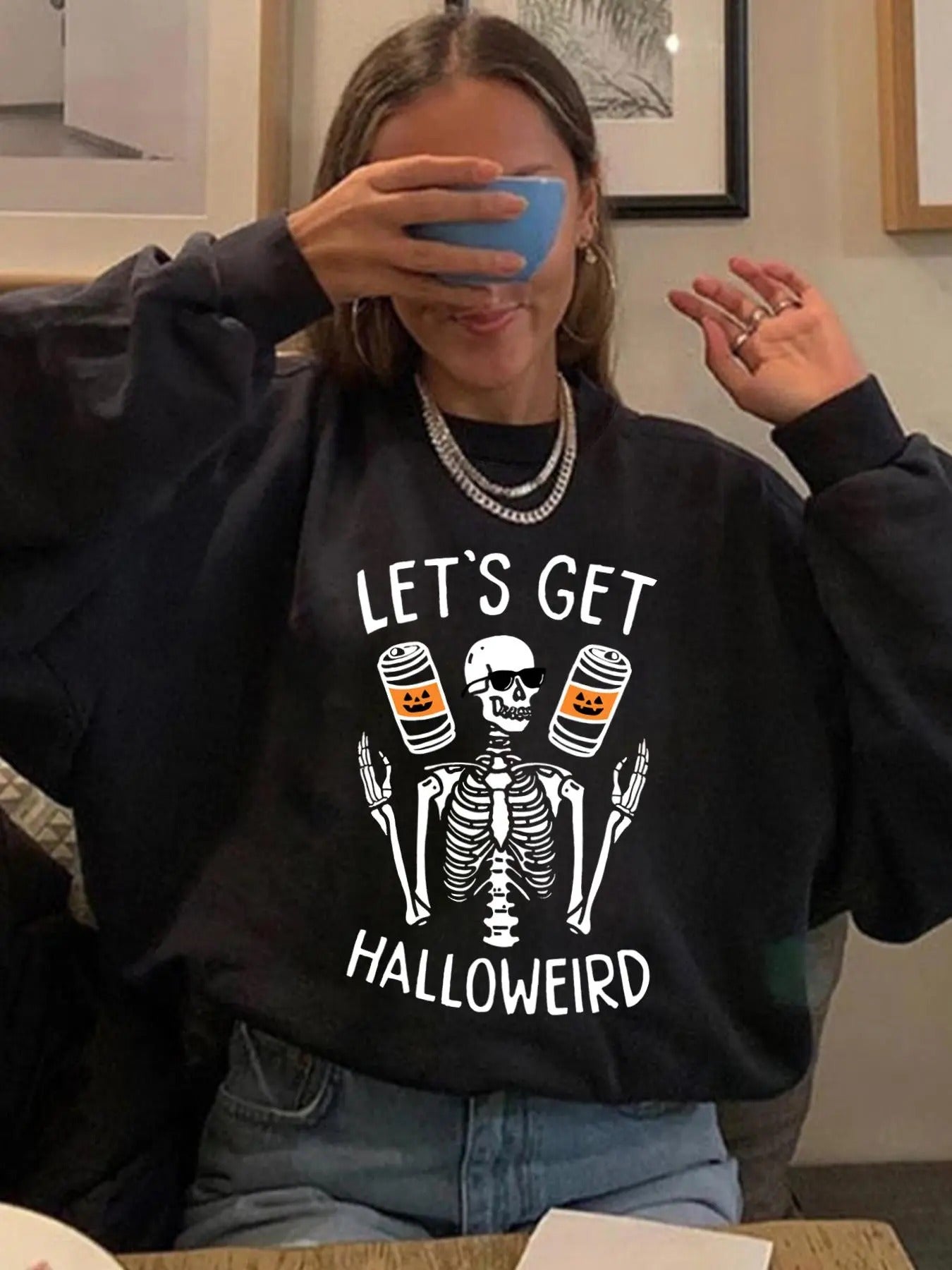 Skeleton Print Drop Shoulder Casual Long Sleeve Round Neck Daily Spring & Fall Clothes T-Shirts, Hoodie, Sweatshirt