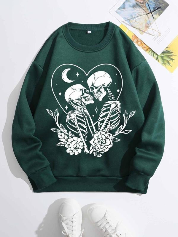 Women's Skeleton Print Round Neck Sweatshirt, Graphic Long Sleeve Pullover for Daily Holiday Outdoor Wear, Fashion Casual...