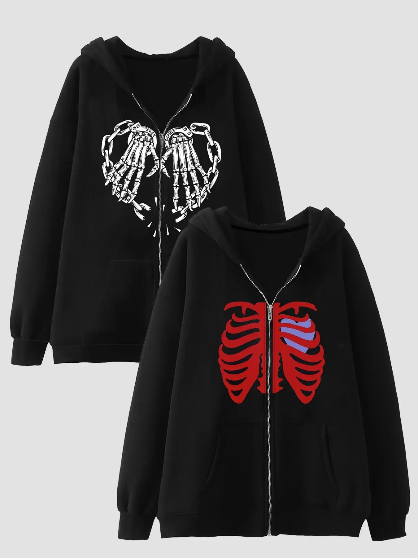 Women's Skeleton Print Zip Up Hoodie, Fashion Casual Long Sleeve Hooded Sweatshirt for Daily Holiday Outdoor Wear, Ladies...