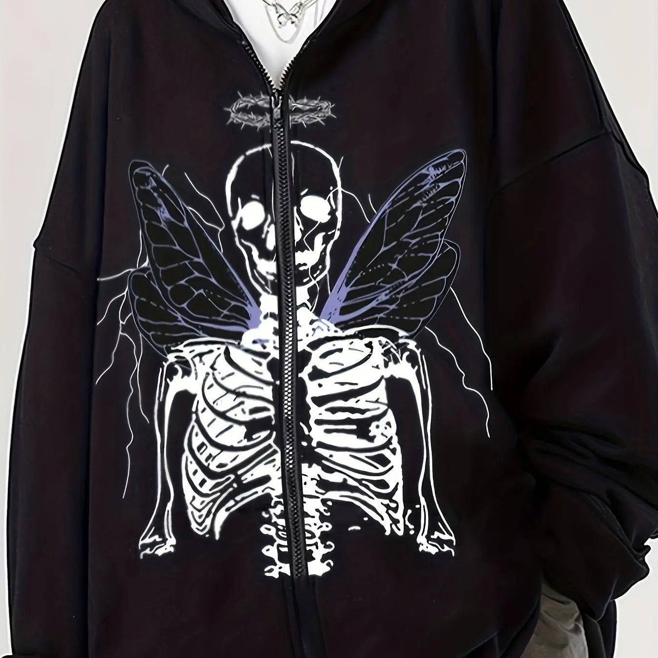 Women's Skeleton Print Zip Up Thermal Lined Hoodie, Casual Drop Shoulder Long Sleeve Hooded Sweatshirt for Fall & Winter,...