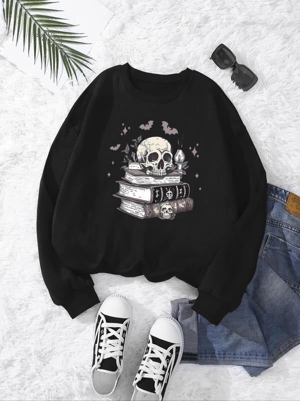 Women's Skull & Book Print Crew Neck Sweatshirt, Casual Long Sleeve Pullover for Fall & Winter, Women's Clothes for Daily...