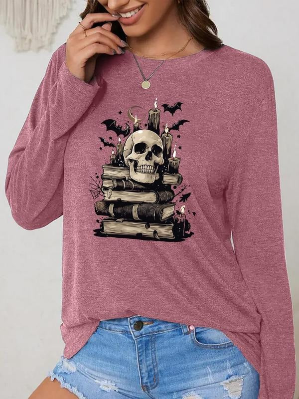 Women's Skull & Book Print Round Neck Tee, Vintage Trendy Casual Long Sleeve T-shirt for Daily Wear, Ladies All Seasons...