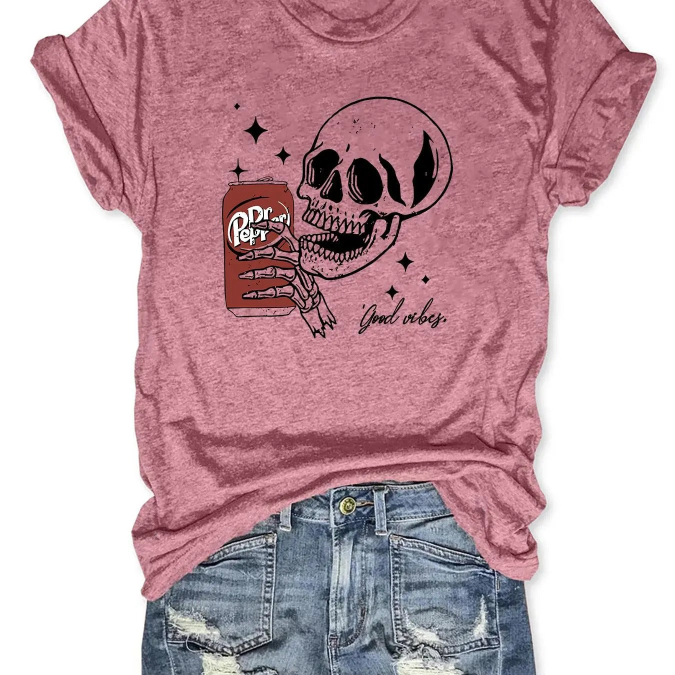 Women's Skull & Drink Print Round Neck Tee, Fashion Casual Crew Neck Short Sleeve T-Shirt for Daily Wear, Women Clothing...
