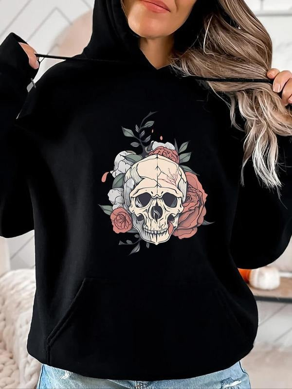 Women's Skull & Floral Print Drop Shoulder Hoodie with Kangaroo Pocket, Fashion Drawstring Pocket Printed Hooded...