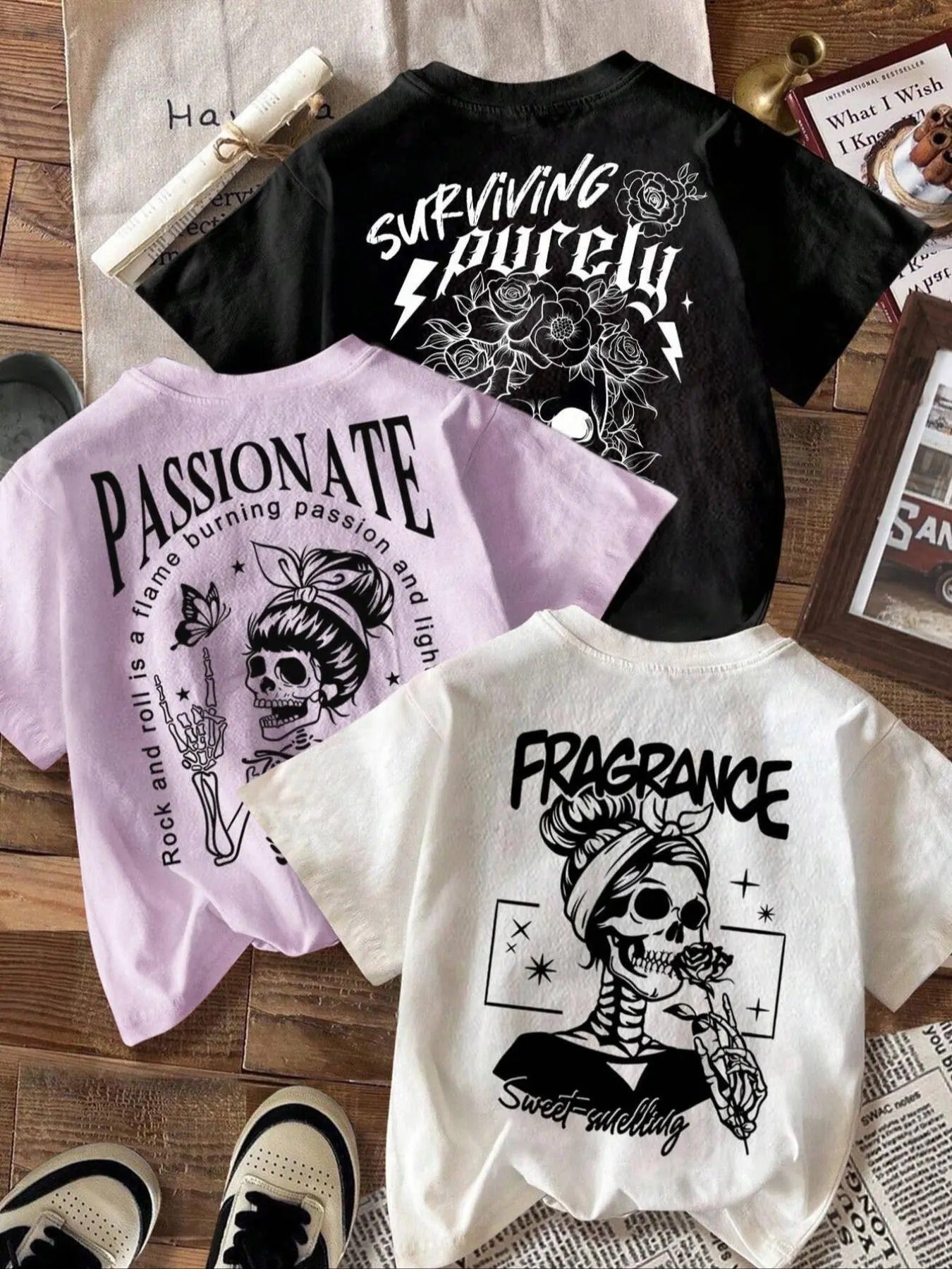 Women's Skull & Floral Print Round Neck Crop Tee, Fashion Casual Drop Shoulder Short Sleeve T-shirt, Ladies Summer...