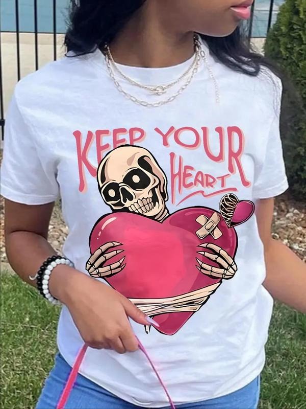 Women's Skull & Heart & Letter Print Round Neck Tee, Fashion Casual Short Sleeve  T-shirt for Daily Holiday Vacation...