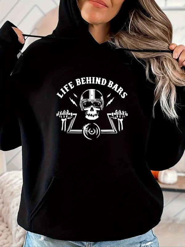 Women's Skull & Letter Print Drop Shoulder Hoodie, Casual Drawstring Pocket Hooded Sweatshirt for Daily Wear, Fashion...
