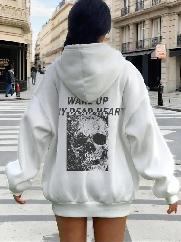Women's Skull & Letter Print Drop Shoulder Hoodie, Fashion Casual Drawstring Pocket Hooded Sweatshirt for Daily Holiday...