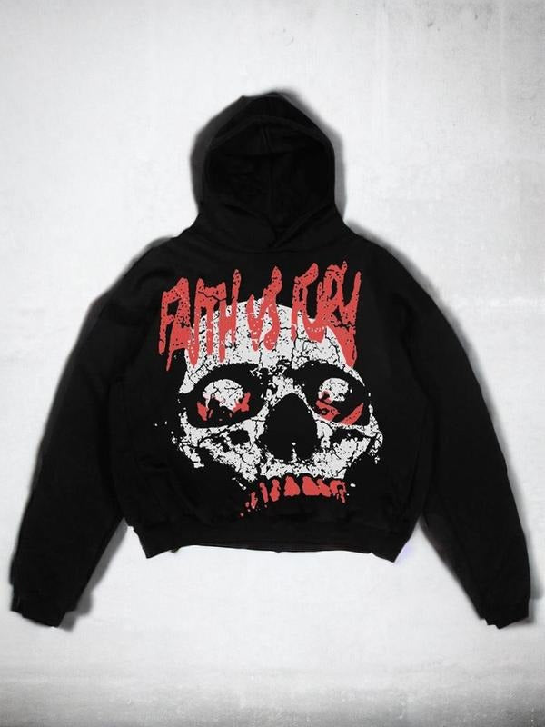 Women's Skull & Letter Print Drop Shoulder Hoodie, Long Sleeve Graphic Hooded Sweatshirt for Daily Outdoor Wear, Comfort...