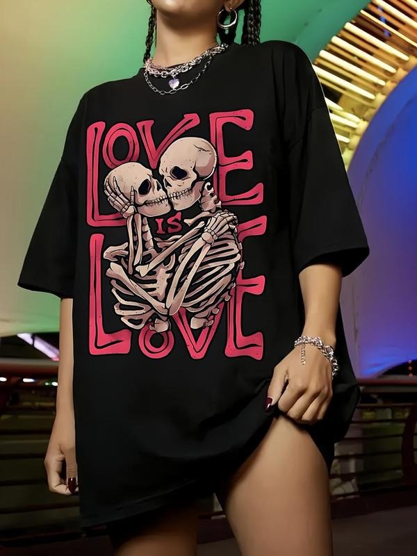 Women's Skull & Letter Print Drop Shoulder Tee, Street Fashion Casual Half Sleeve Round Neck T-Shirt for Daily Holiday...