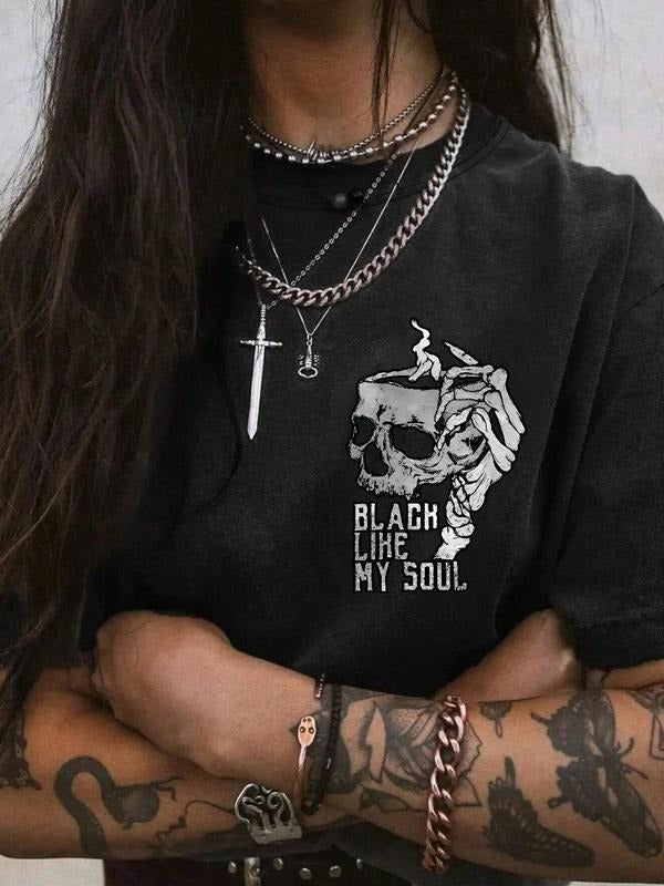 Women's Skull & Letter Print Round Neck Graphic Tee, Vintage Trendy Casual Short Sleeve T-shirt for Daily Wear, Ladies...
