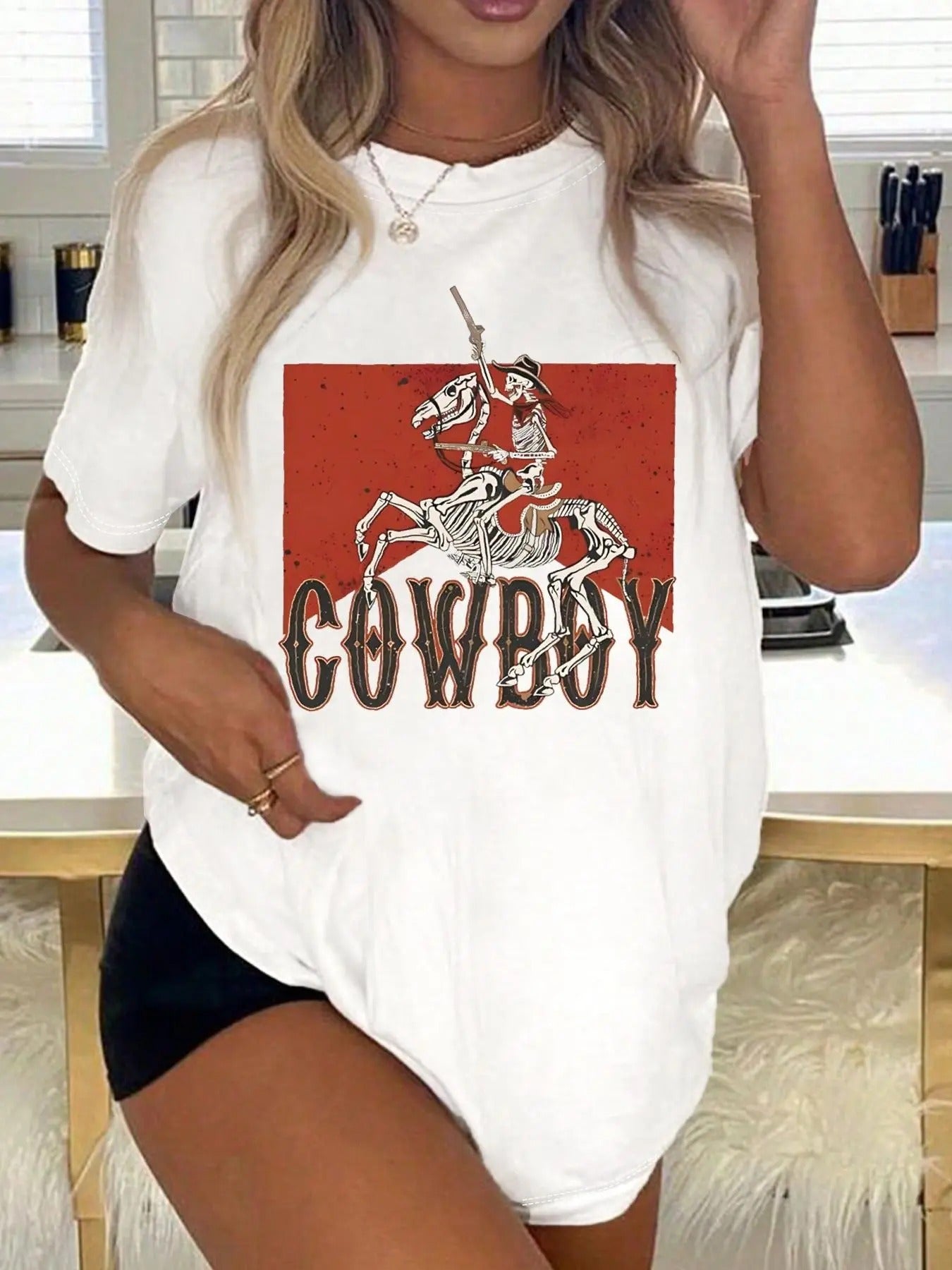 Women's Skull & Letter Print Round Neck Tee, Fashion Casual Crew Neck T-Shirt for Daily Holiday Vacation Outdoor Wear,...