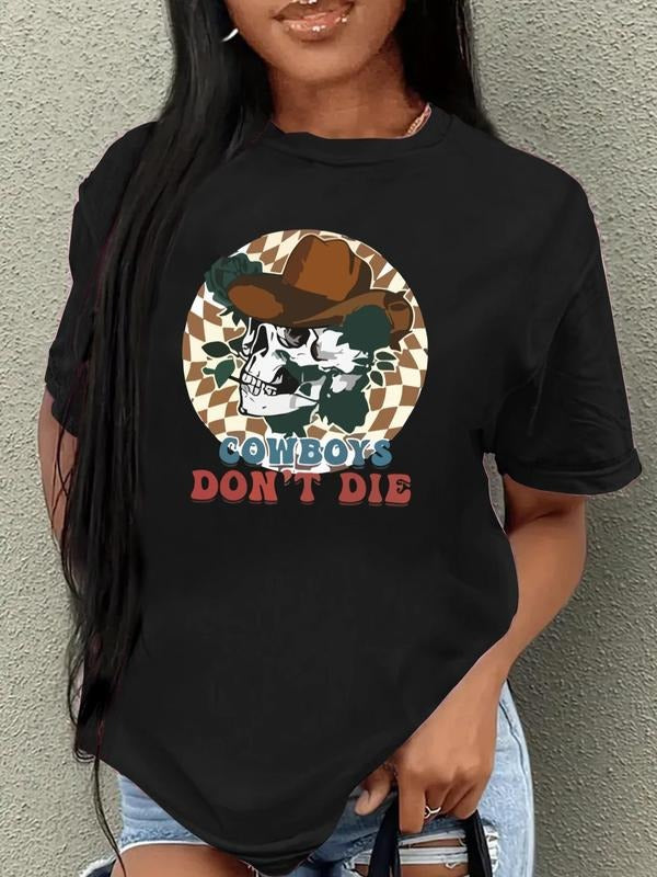 Women's Skull & Letter Print Round Neck Tee, Trendy Casual Drop Shoulder Short Sleeve T-shirt for Daily Wear, Ladies...