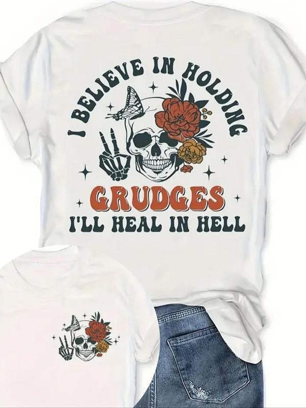 Women's Skull & Letter Print Round Neck Tee, Trendy Casual Short Sleeve T-Shirt for Daily Wear, Ladies Summer Outfit...
