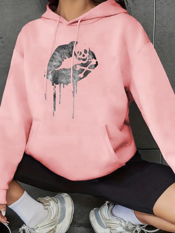 Women's Skull & Lip Print Drop Shoulder Hoodie, Fashion Casual Drawstring Pocket Hooded Sweatshirt for Daily Holiday...