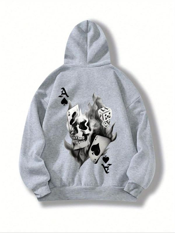 Women's Skull & Playing Card Print Drop Shoulder Hoodie, Fashion Casual Drawstring Pocket Hooded Sweatshirt for Daily...