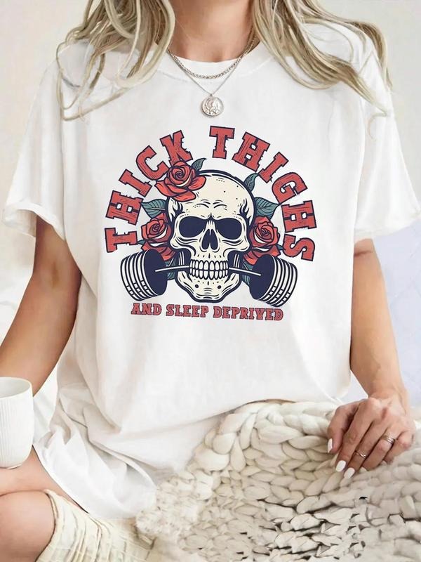 Women's Skull & Rose Print Round Neck Tee, Casual Short Sleeve Crew Neck T-shirt for Summer, Fashion Women's Top for...