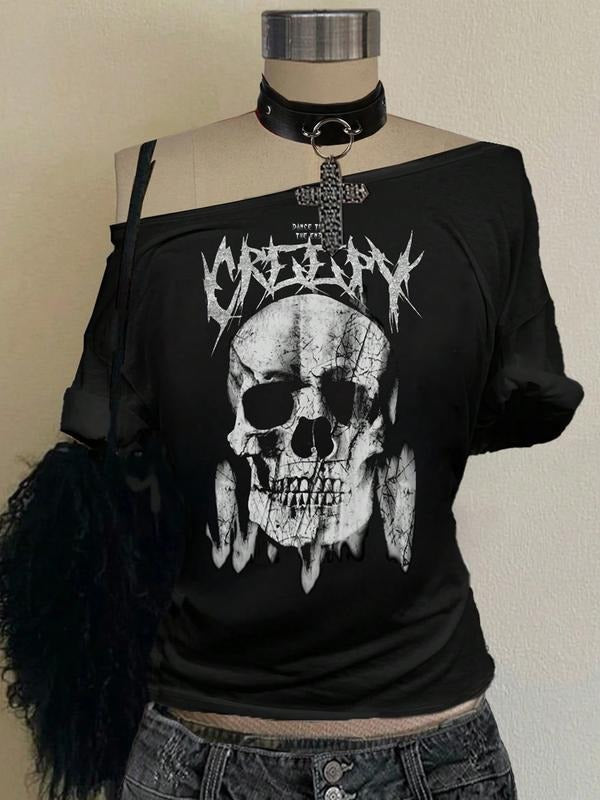 Women's Skull Print Asymmetric Off-the-Shoulder Short-Sleeved T-Shirt, a Versatile and Casual Basic Top Suitable for All...