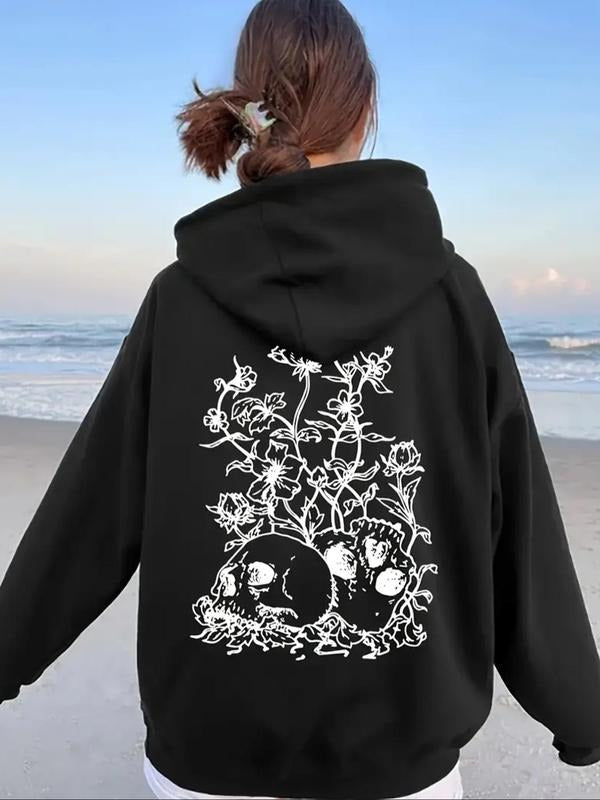 Women's Skull Print Drop Shoulder Hoodie, Fashion Casual Drawstring Pocket Hooded Sweatshirt for Daily Holiday Outdoor...