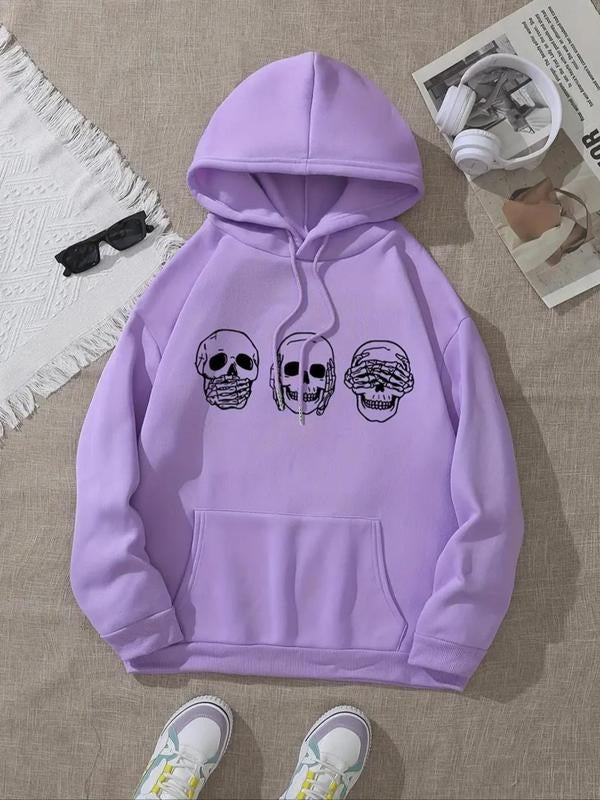 Women's Skull Print Drop Shoulder Hoodie, Fashion Casual Drawstring Pocket Hooded Sweatshirt for Daily Holiday Outdoor...