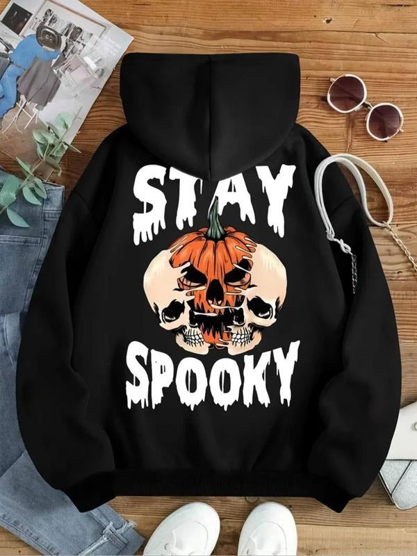Women's Skull Pumpkin & Letter Print Drop Shoulder Hoodie, Fashion Casual Drawstring Pocket Hooded Sweatshirt for Daily...