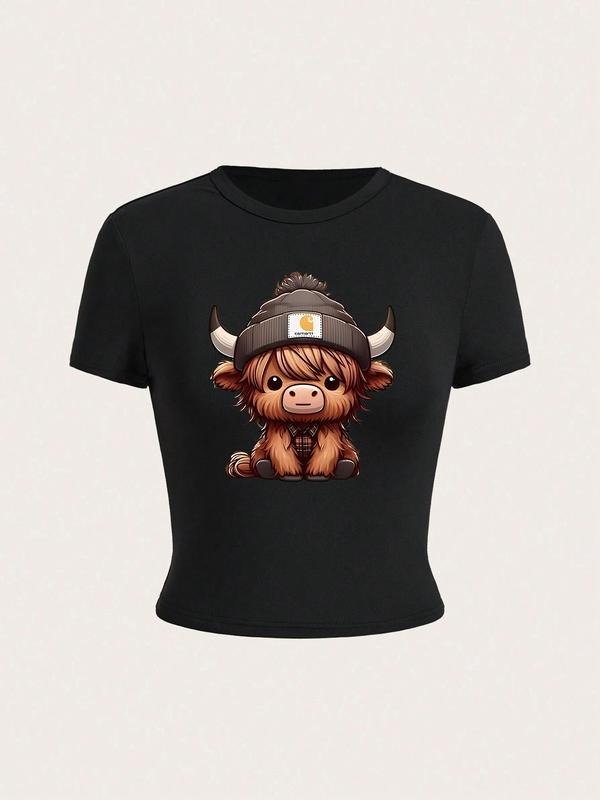 Women's Slim Fit Cartoon Cow Print T-Shirt, Trendy School Uniform Fashion Top, Casual Wear, Perfect for Daily Hoodie,...