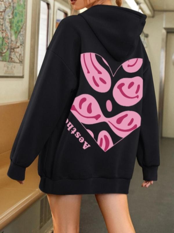 Women's Sliming Face & Heart Print Drop Shoulder Hoodie, Casual Loose Black Graphic Hooded Sweatshirt, Oversized Pullover...