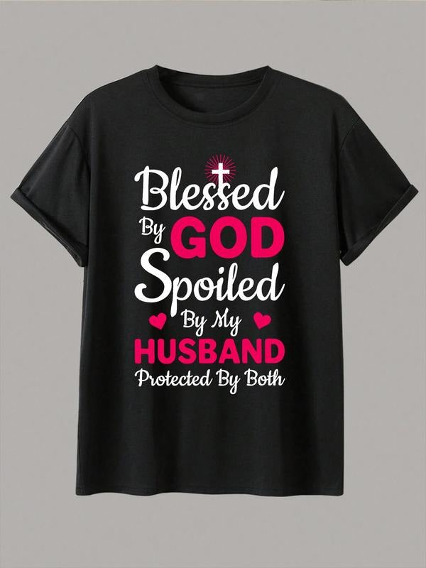 Women's Slogan & Heart Print Round Neck Short Sleeve Tee, Fashion Casual Crew Neck T-Shirt for Daily Holiday Vacation...