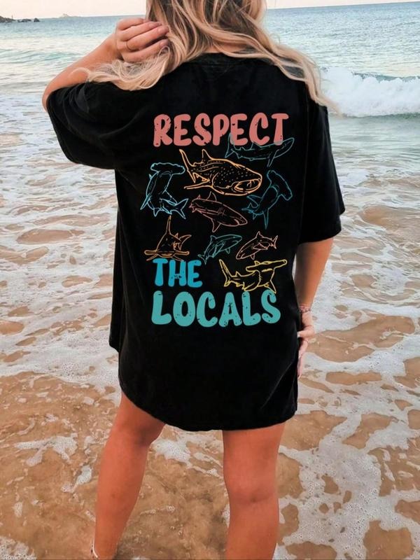 Women's Slogan & Shark Print Drop Shoulder Tee, Casual Comfy Half Sleeve Round Neck T-Shirt for Summer, Fashion Women's...