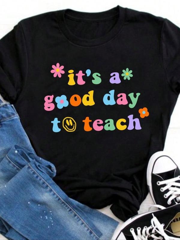 Women's Slogan Cartoon Face Floral Print Round Neck Tee, Fashion Casual Crew Neck T-shirt for Daily Holiday Vacation...