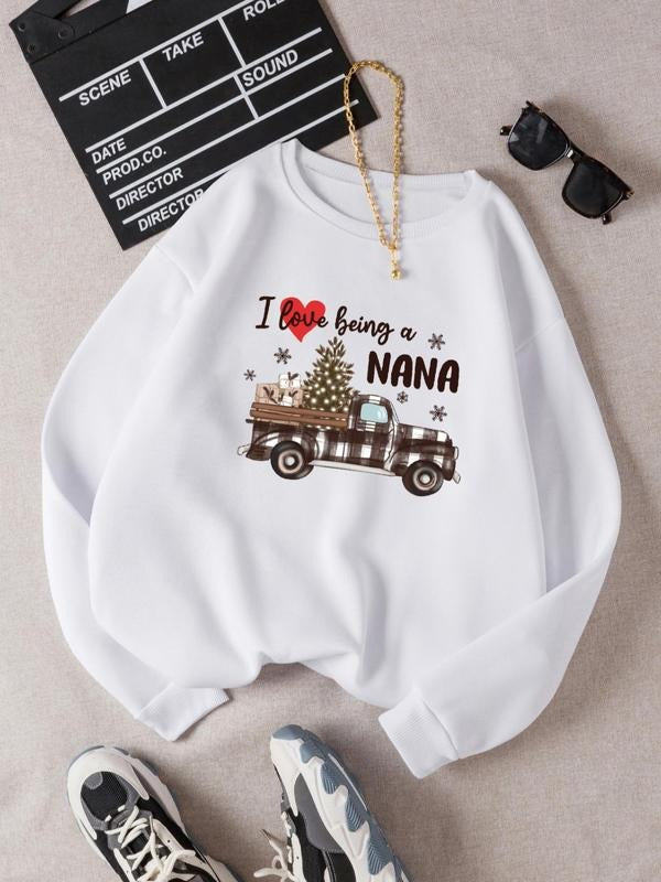 Women's Slogan Graphic Drop Shoulder Pullover, Fashion Casual Car Print Crew Neck Sweatshirt for Daily Holiday Outdoor...