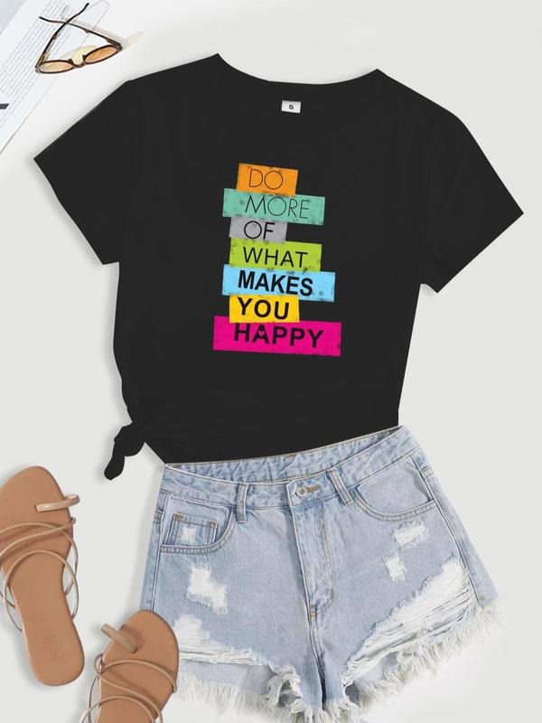 Women's Slogan Graphic Short Sleeve Tee, Casual Round Neck T-Shirt for Summer, Ladies Top Outfit for Daily Wear, T-shirts...