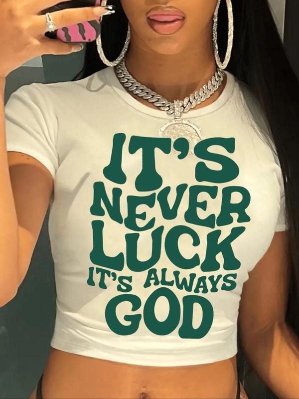 Women's Slogan Print Round Neck Crop Tee, Graphic Tee, Fashion Classy Casual Crew Neck Skinny T-shirt for Daily Holiday...