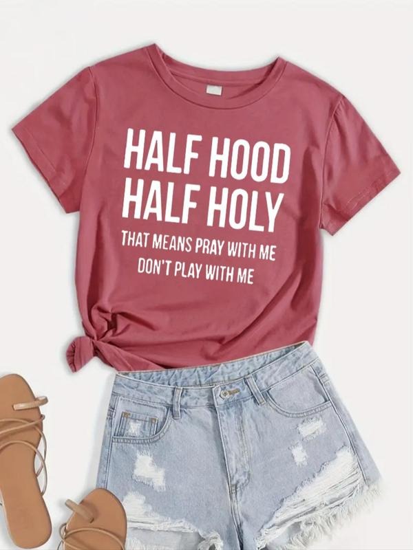 Women's Slogan Print Round Neck Graphic Tee, Short Sleeve Crewneck T-shirt, Summer Clothes, Casual Summer Top for Women...