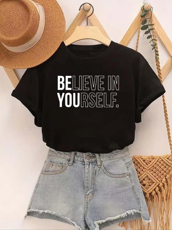 Women's Slogan Print Round Neck Tee, Casual Crew Neck Short Sleeve T-Shirt, Ladies Summer Outfit Hoodie, Sweatshirt