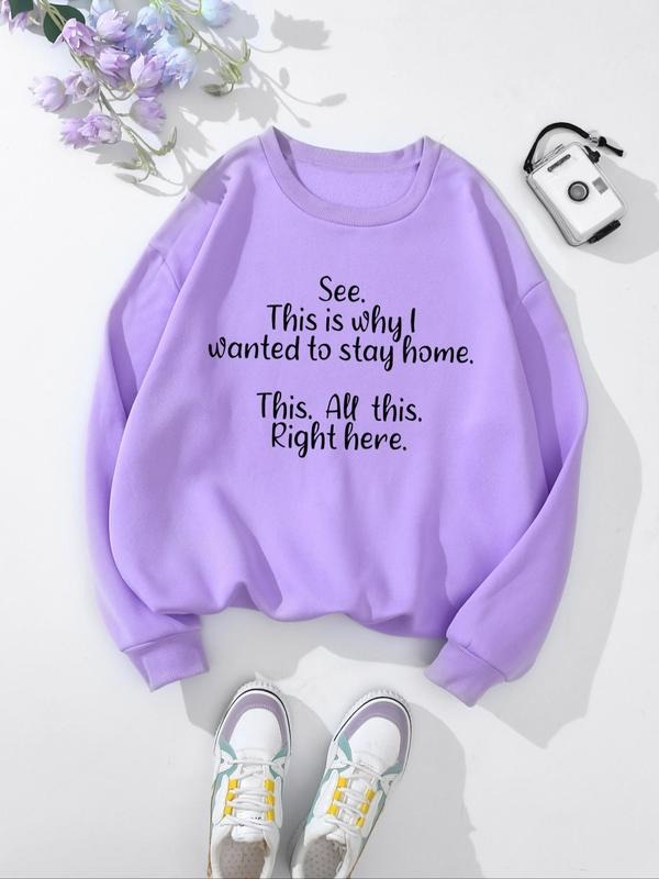 Women's Slogan Print Thermal Lined Drop Shoulder Sweatshirt, Fashion Casual Crew Neck Long Sleeve Pullover for Daily...