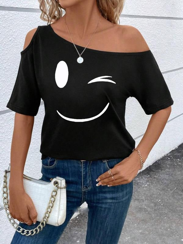 Women's Smile Face Print Asymmetrical Neck Tee, Fashion Casual Crew Neck T-shirt for Daily Holiday Vacation Outdoor Wear,...