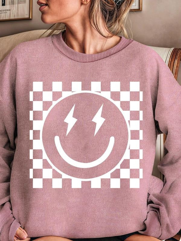 Women's Smile Face Print Drop Shoulder Sweatshirt, Casual Long Sleeve Round Neck Pullover for Daily Wear, Ladies Clothes...
