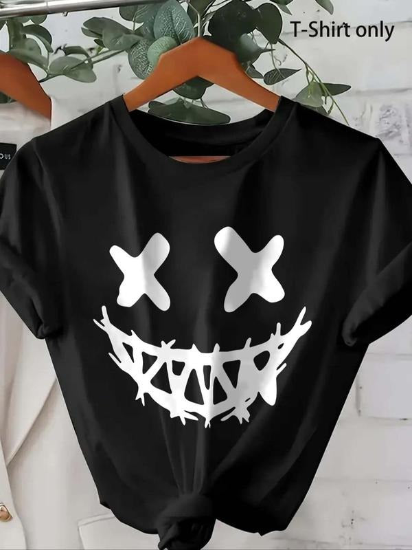 Women's Smile Face Print Round Neck Tee, Casual Short Sleeve T-Shirt for Daily Wear, Ladies Clothes for All Seasons...