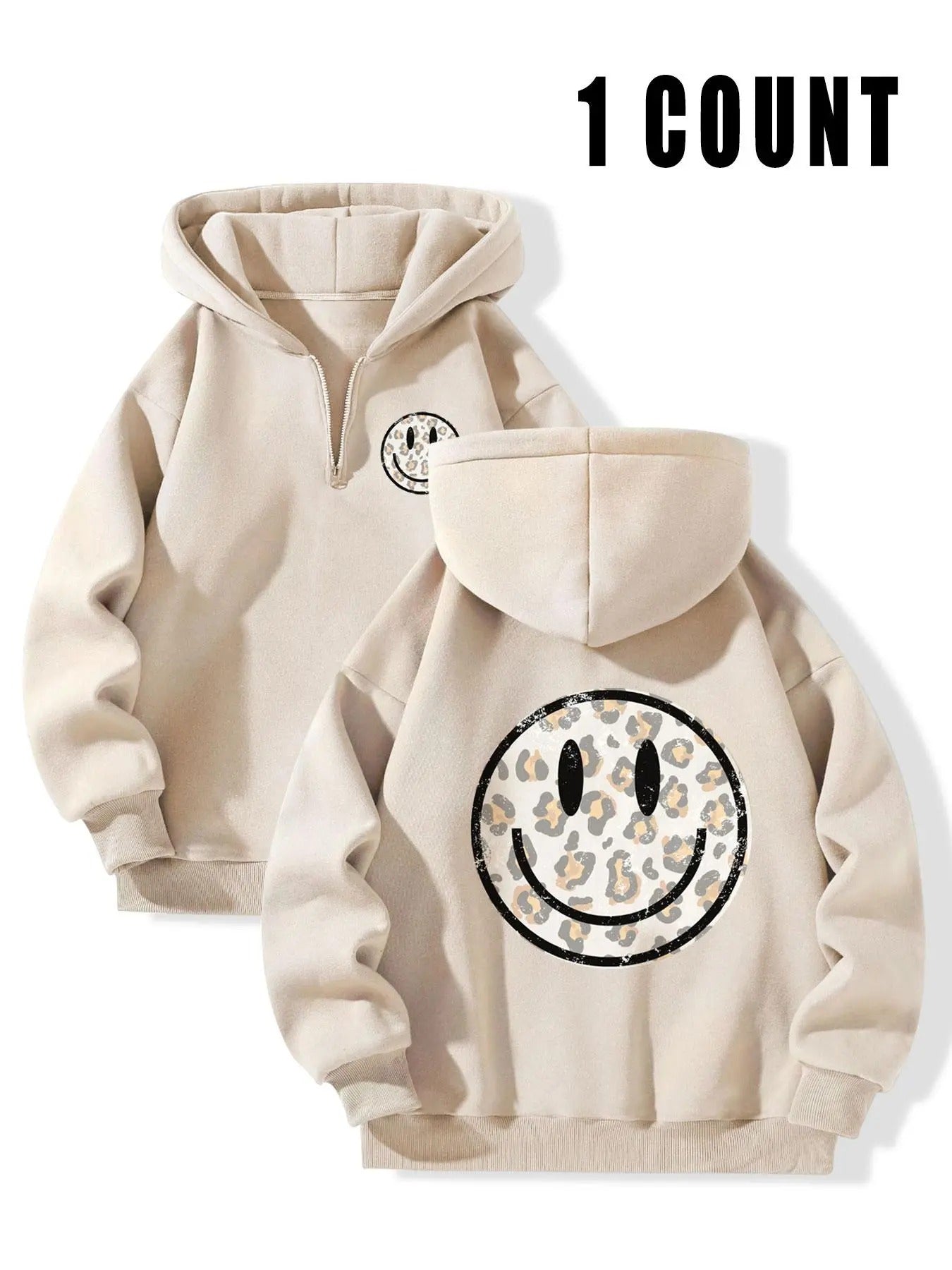 Smile Face Print Zip Up Casual Long Sleeve Hooded Winter Clothes Daily T-Shirts, Hoodie, Sweatshirt