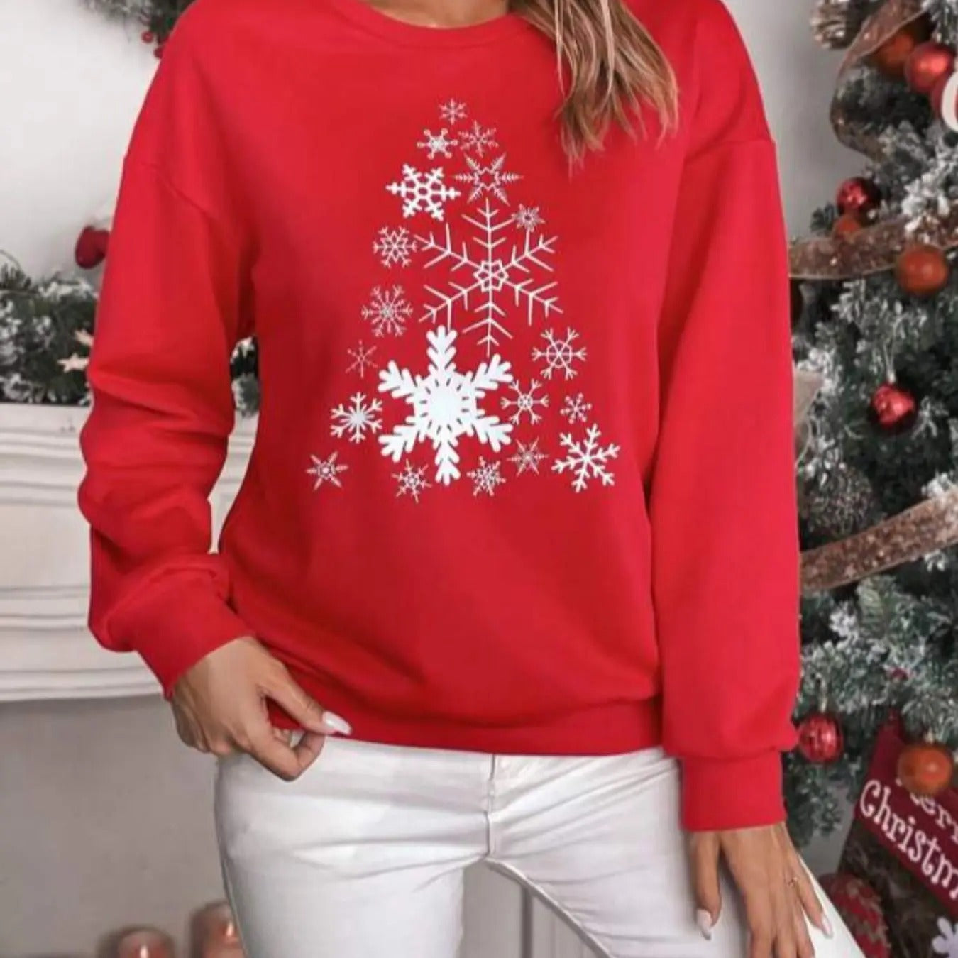Women's Snowflake Print Drop Shoulder Sweatshirt, Casual Long Sleeve Round Neck Pullover for Daily Wear, Ladies Fall &...