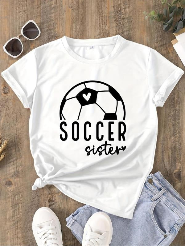 Women's Soccer & Letter Print Round Neck Tee, Casual Short Sleeve Crew Neck T-shirt for Summer, Fashion Women's Top for...