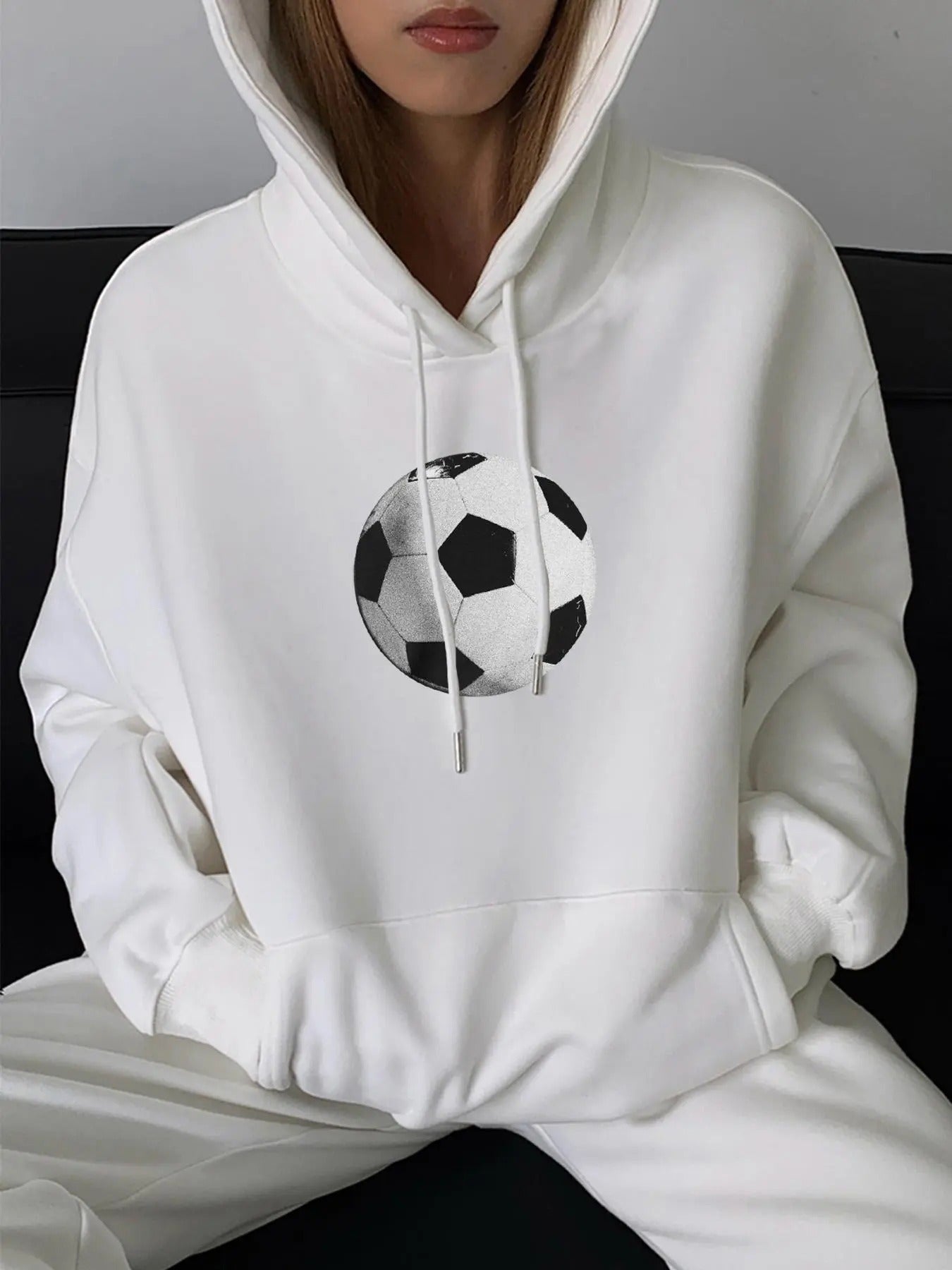 Women's Soccer Print Drop Shoulder Hoodie, Trendy Drawstring Pocket Hooded Sweatshirt for Daily Holiday Outdoor Wear,...