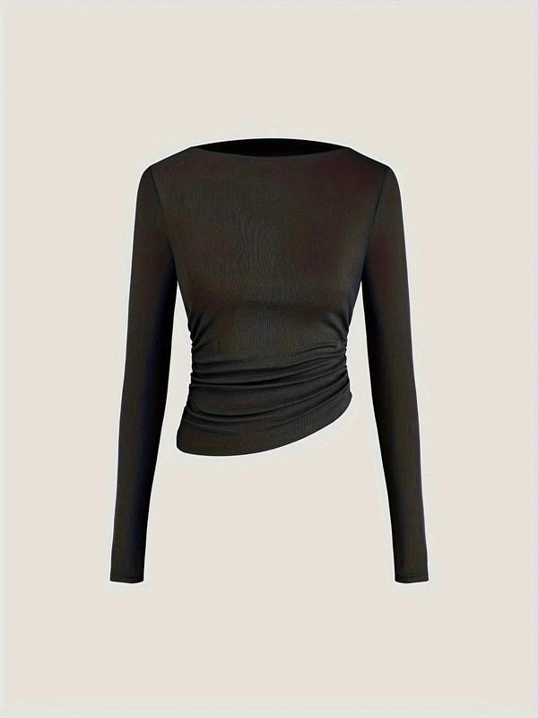 Women's Solid Asymmetrical Hem Ruched Boat Neck Tee, Textured Ribbed Long Sleeve T-shirt for Daily Wear, Women's Clothing...