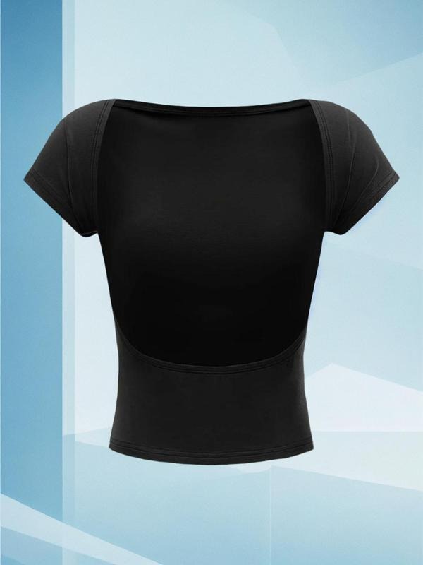 Women's Solid Backless Boat Neck Cap Sleeve Tee, Elegant Basic Batwing Sleeve T-Shirt for Summer, Ladies Clothes for...