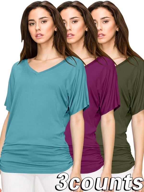 Women's Solid Color Batwing Sleeve Tee, Casual V Neck Short Sleeve T-Shirt for Daily Wear, Ladies Clothes for All...